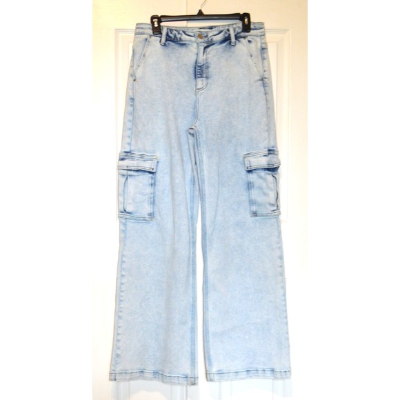 Risen Jean Cargo Jeans Women's Size 13/31 Light Wash Wide Leg High Waist - Picture 1 of 16